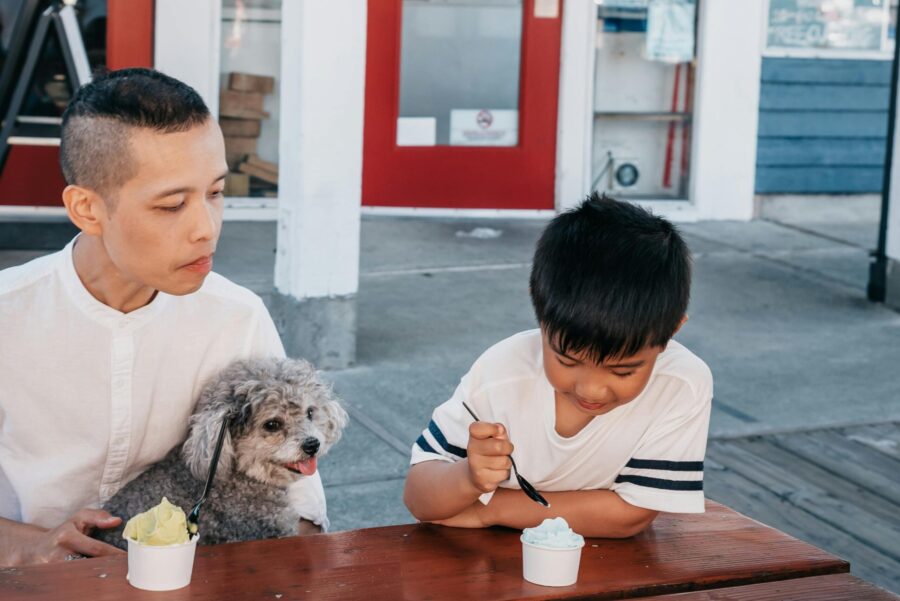 Homem e menino tomando sorvete acompanhados de um cachorro. Sorvete comum é um dos alimentos que cachorro não pode comer.